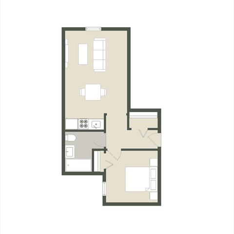 Floor plan for 1 bed, 1 bath, 519 sqft